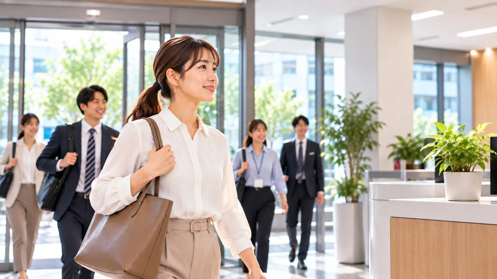 朝の光が差し込むエントランスから出勤する社員たち