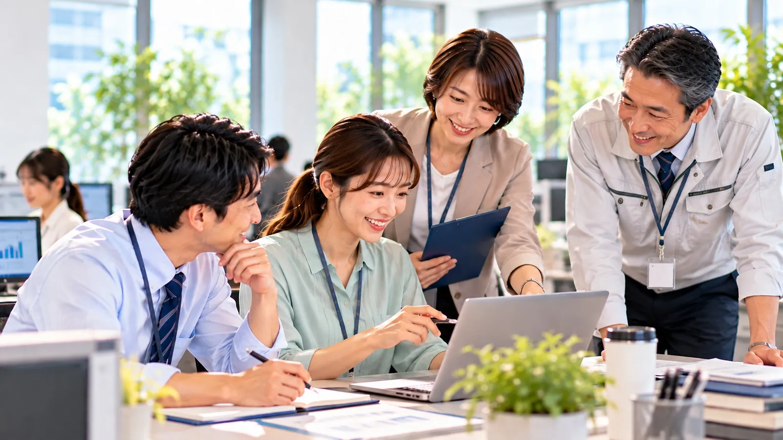 ノートPCを囲み、声をかけ合いながら仕事を進める社員たち