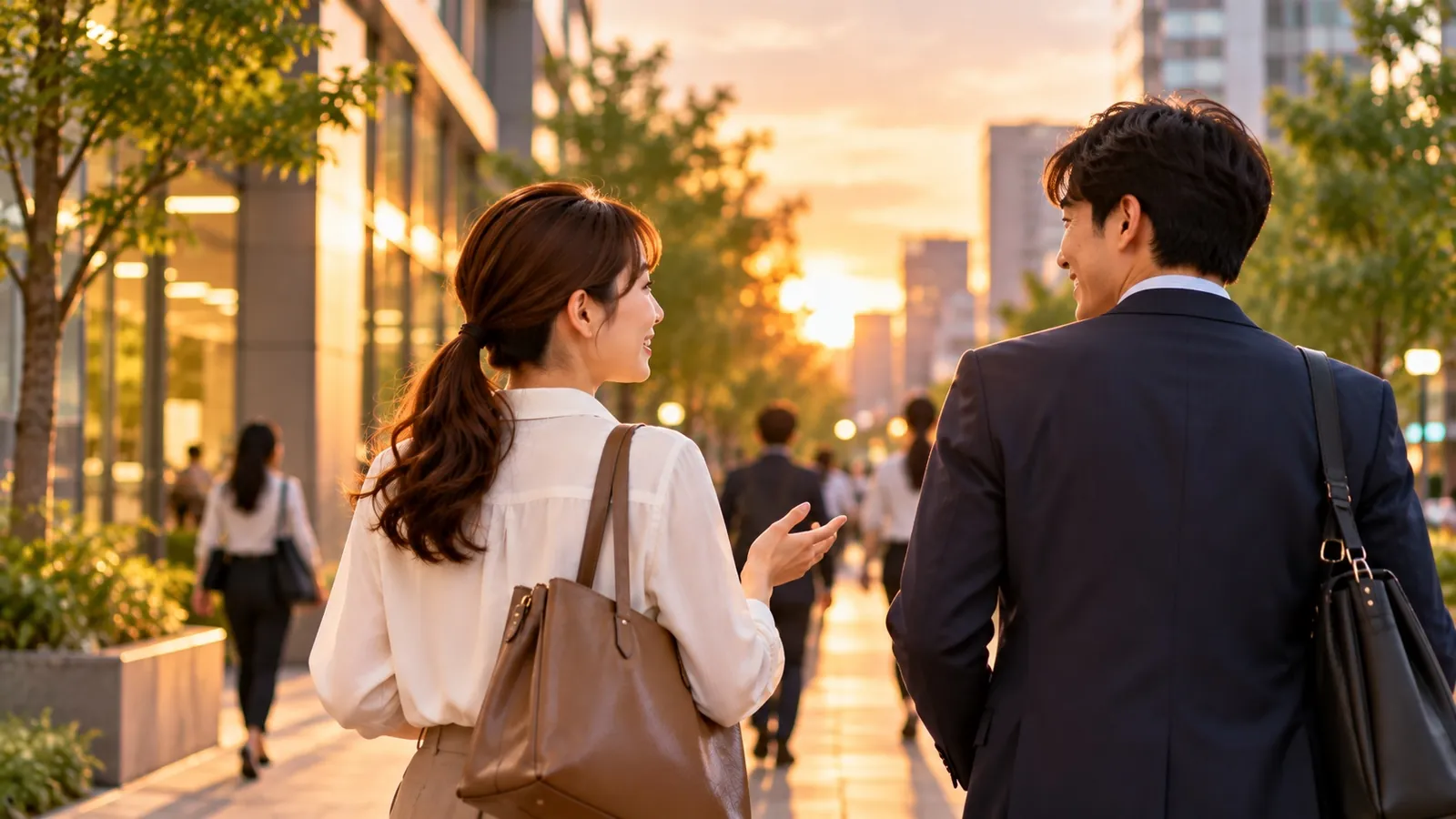夕方の帰り道、一日を振り返りながら話す同僚の二人