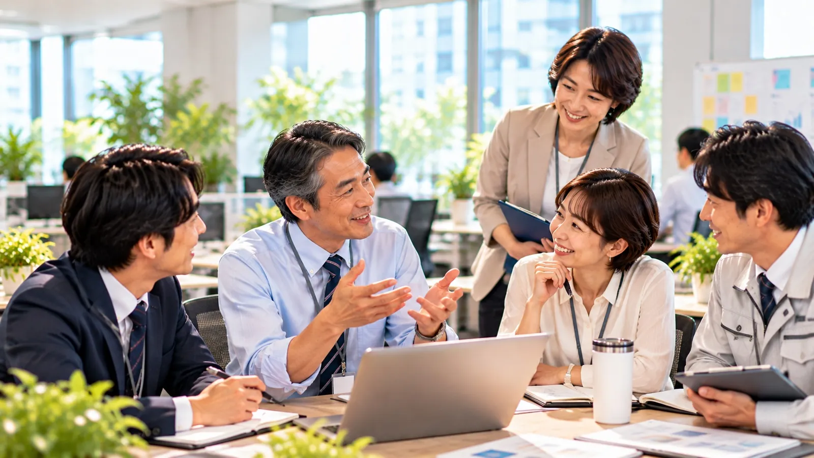 年代や立場の異なる社員が、明るい職場で協力して話し合う様子
