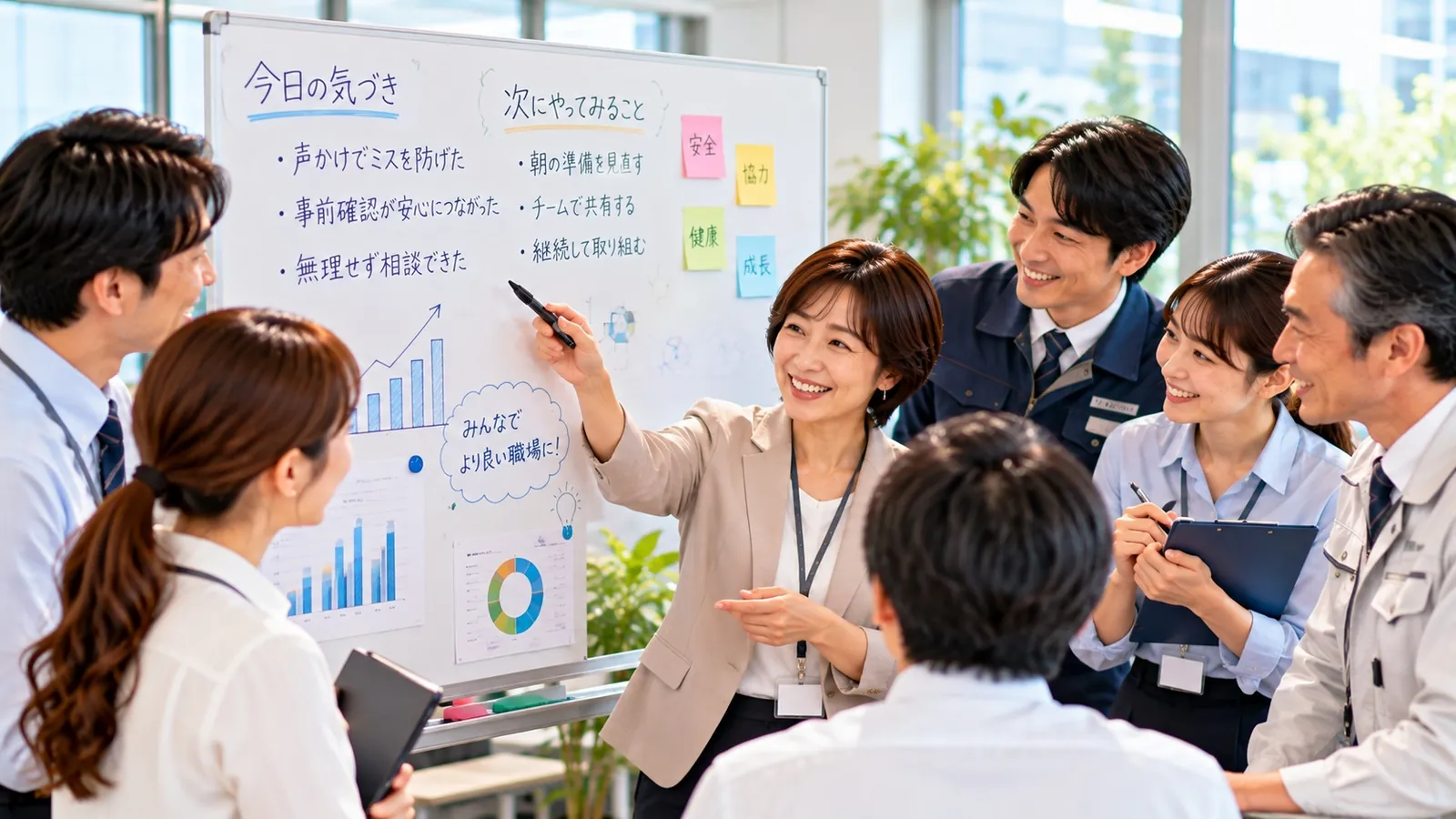 ホワイトボードを囲み、気づきと次の行動を共有するチーム